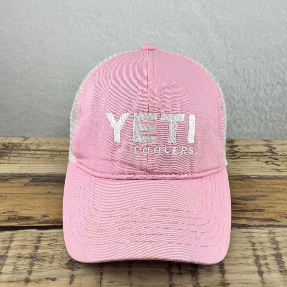 YETI Coolers Hat Cap Snap Back‎ Pink White Mesh Trucker Embroidered Mens